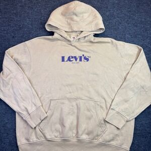 Levi's Relaxed Hoodie Sweater XL Tan Biege Purple Logo Pullover Fleece